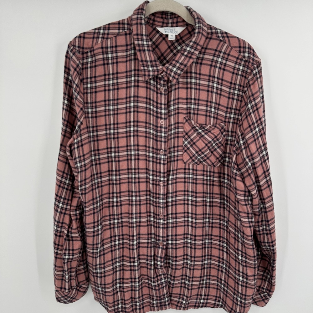 Market & Spruce Shirt Womens 2XL Pink Black Plaid Button Up Rayon Flannel Top